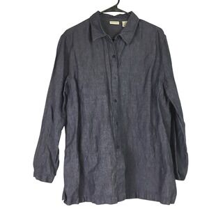 Crossroads Linen Cotton Blend Button Down Shirt XL Dark Blue Long Sleeve Top